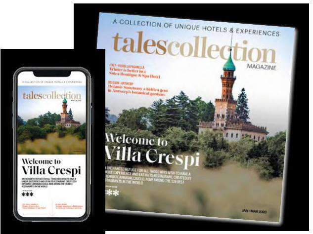 Tales Collection Magazine cover featuring Villa Crespi, in print and on a phone