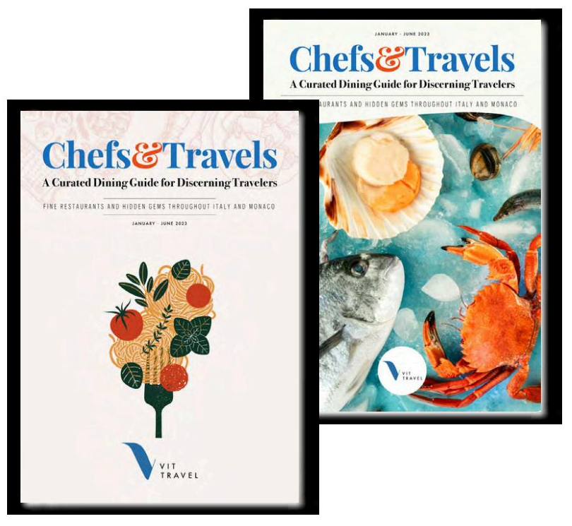 Two covers of the Chefs & Travels curated dining guide