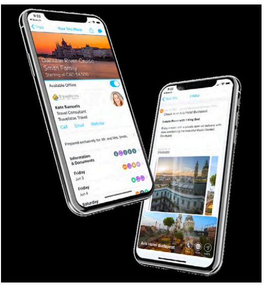 Two smartphones showing a Travefy trip itinerary with hotel details